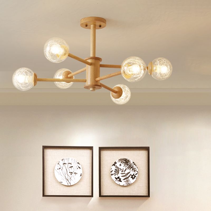 Beige 2-stufige radiale Leuchte nordische LED-hölzerne Kronleuchter Licht mit kugel klaren Glasschatten
