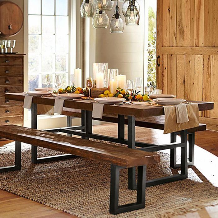 Contemporary Brown Kitchen Dining Table Rectangle Solid Wood Dining Table with Trestle Base