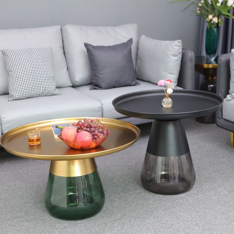 Mid-century Modern Metal Tray Top Glass Base Round Coffee Table