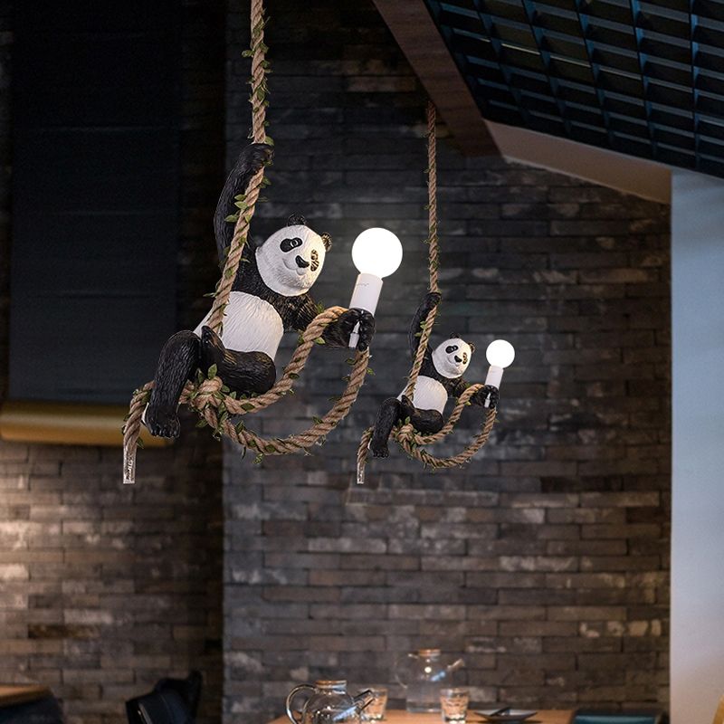 Panda Pendelleuchte Leuchte kreativer Harz 1 Glühbirnenlampe Lampenkit mit Seilstange in Schwarz und Weiß