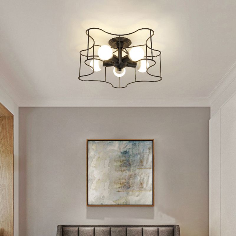 Luz de la sala de estar industrial de 5 bombillas en forma de estrella en blanco/negro con jaula