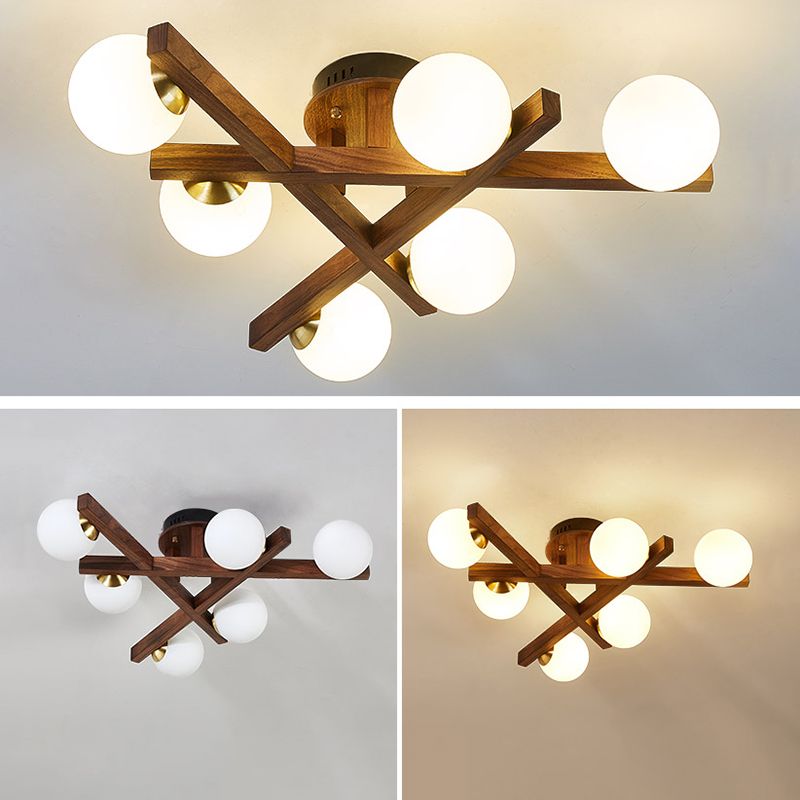 Log Color Sputnik LED Semi Flush Mount in Modern Luxury Style Wooden Ceiling Light with Opal Glass Shade