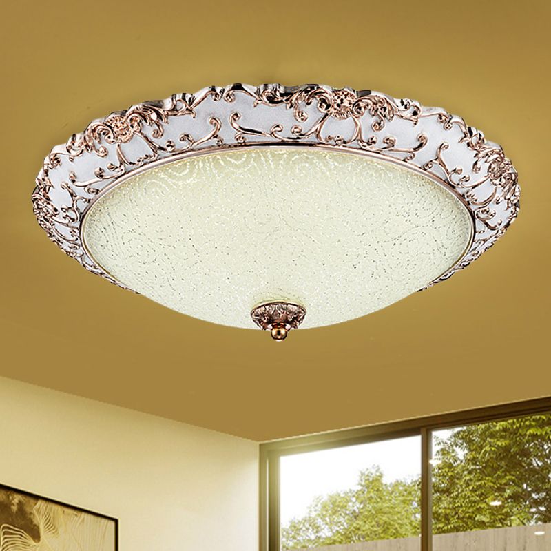 Bowl-Shaped Bedroom Flush Mount Traditional White Glass LED Beige Flushmount with Carved Trim