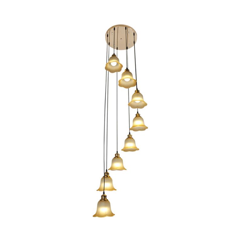 8 Heads Ceiling Lamp Contemporary Living Room Multi Light Pendant with Flower White Glass Shade