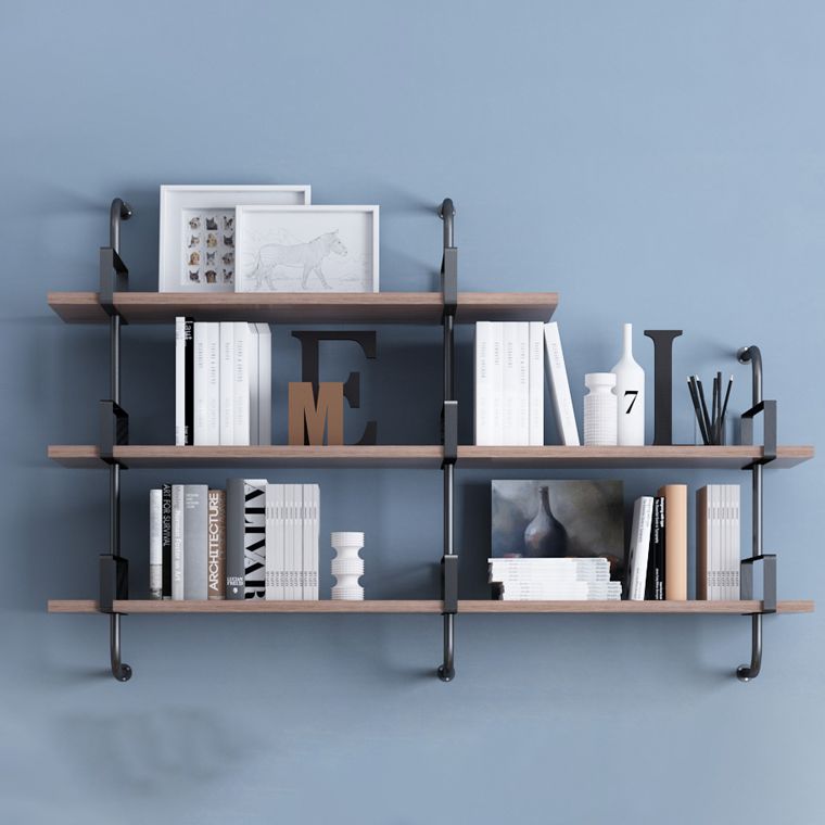 Contemporary Pine Solid Wood Bookcase Wall Mounted Metal Frame Closed Back Bookshelf