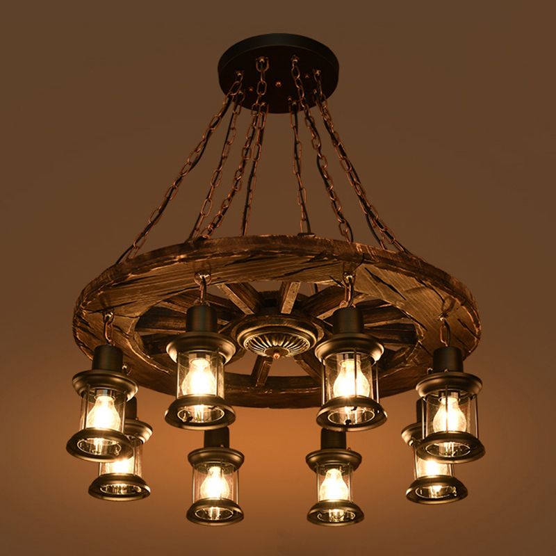 Wooden Wagon Wheel Chandelier Nautical 8-Bulb Dining Room Pendant Light Fixture with Lantern in Brown