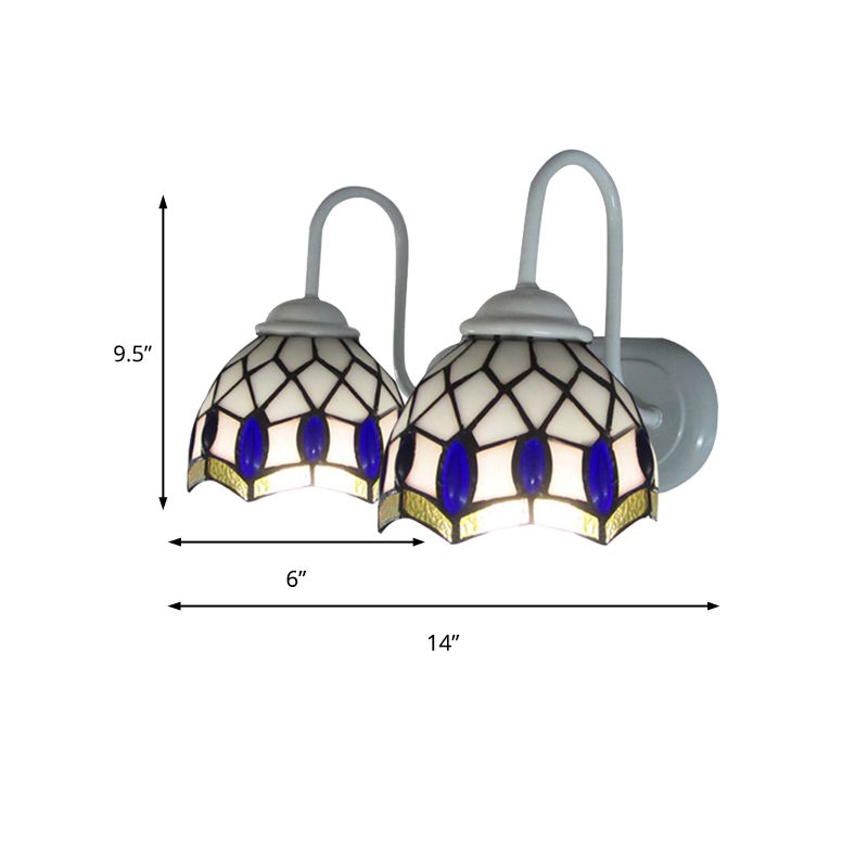 White Dome Sconce Light Tiffany 2 Heads Stained Glass Wall Mount Light with Blue Gem Decoration