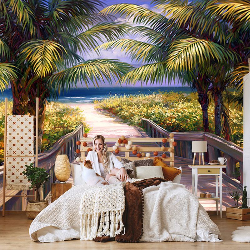 Tropical Mural Wallpaper Light Color Coconut Tree and Road Customized Wall Decor, Made to Measure