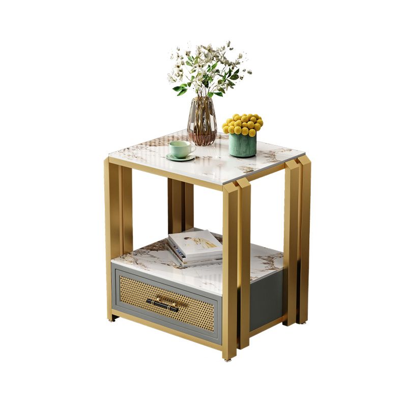 Frame Glam Style Side Table 21.6" Tall Stone Top Side Table with Storage