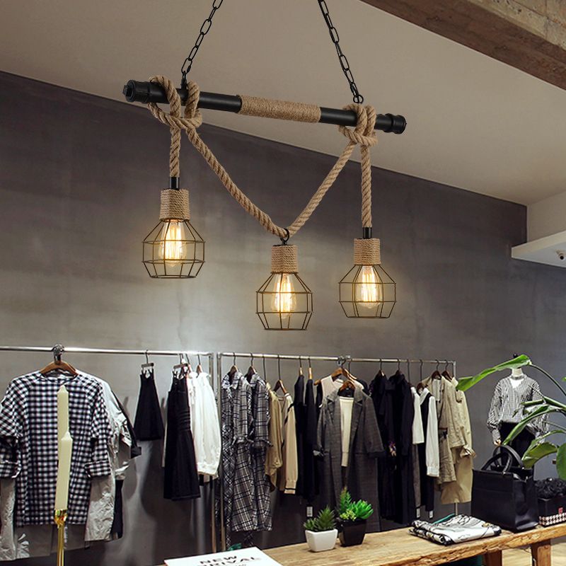Industrial Island Light Hemp Rope Island Hanging Light with Metal Shade for Dining Room