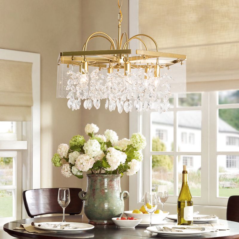 Gold Geometric Shaped Chandelier Antique Metal Dining Room Hanging Lighting with Crystal Drops