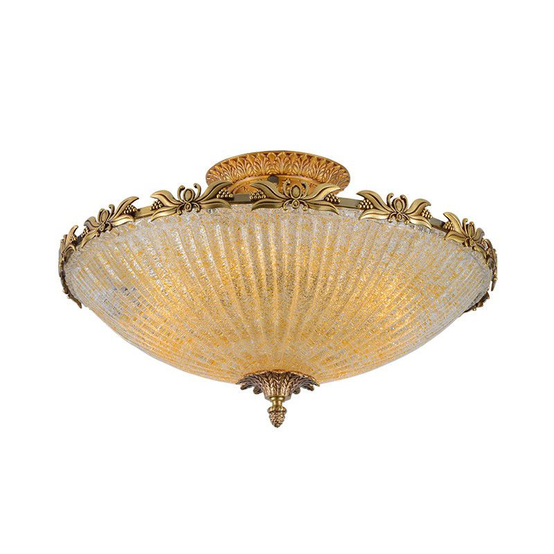Antiqued Bowl Shaped Flush Light Clear Variegated Glass Semi Mount Lighting in Brass