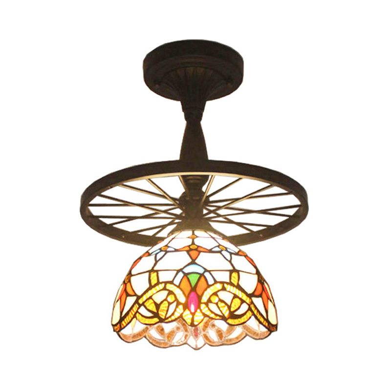 Tiffany Domed Semi Flush Mount Light with Wheel 1 Bulb Stained Glass Ceiling Light in Orange/Beige for Bedroom