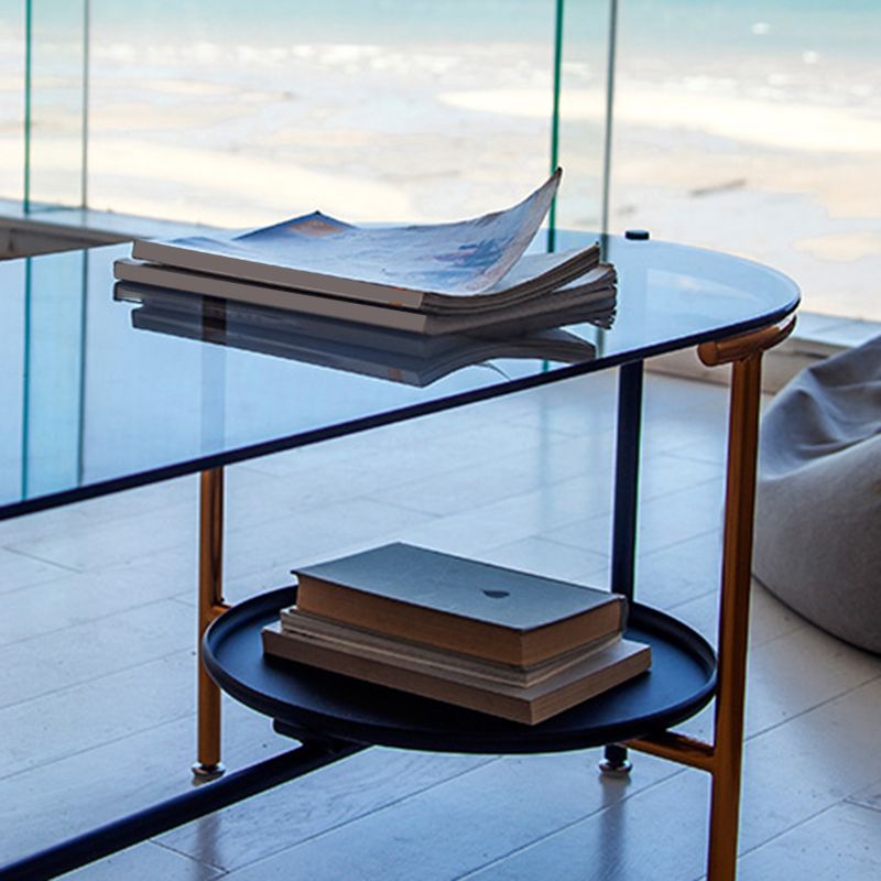 Modernism Elliptical Glass Top Coffee Cocktail Table with Shelf