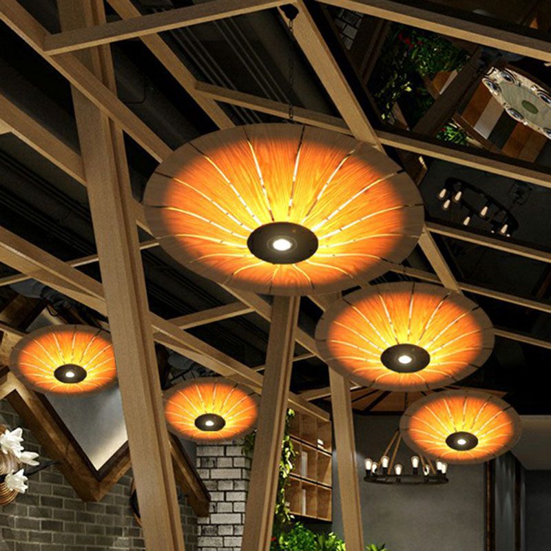 Asian Style Umbrella Chandelier Light Wood 3 Bulbs Restaurant Pendant Light Fixture