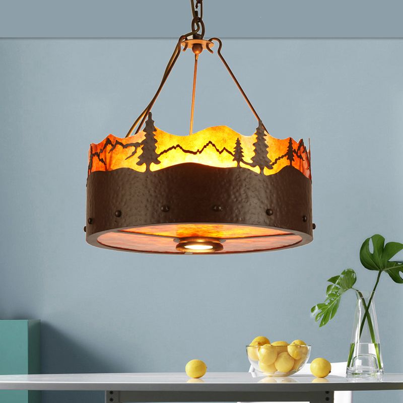 Brun 3 lumières lustre luminaire luminaire rustique Pleen à tambour à tambour avec motif d'arbres