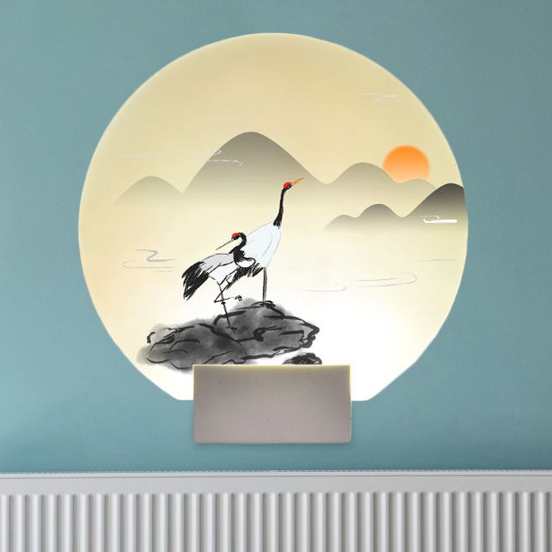 Chinese Style Rounded Acrylic Mural Light LED Wall Mounted Lamp in White with Mountain and Crane Design