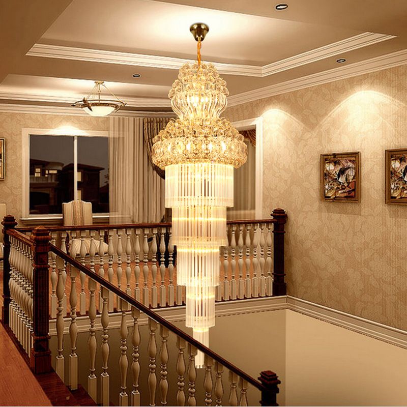 Cone Stairway Chandelier Pendant Light Simple Clear Crystal Rod 12 Heads Gold Suspension Lamp