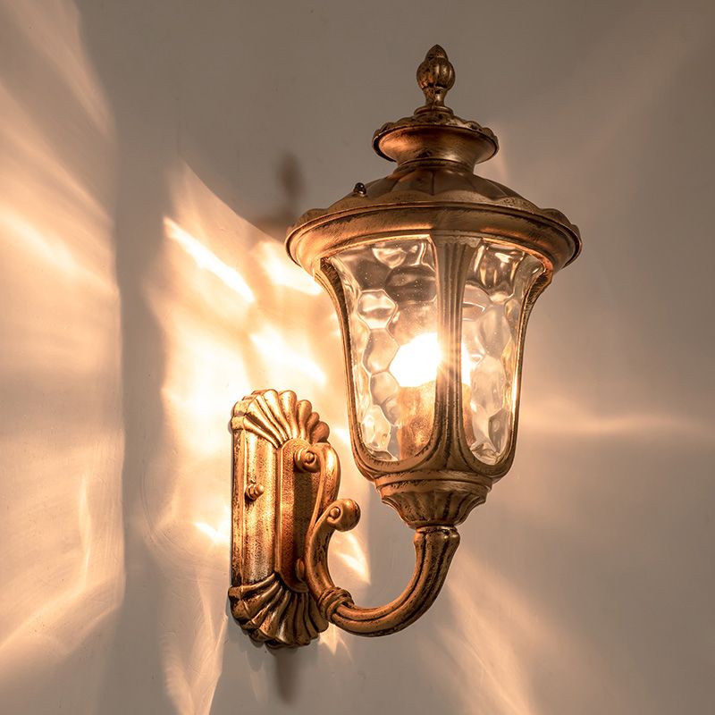 Luz de montaje de pared de campana de bronce, vidrio de ondulación tradicional de 1 luz, iluminación de pared al aire libre