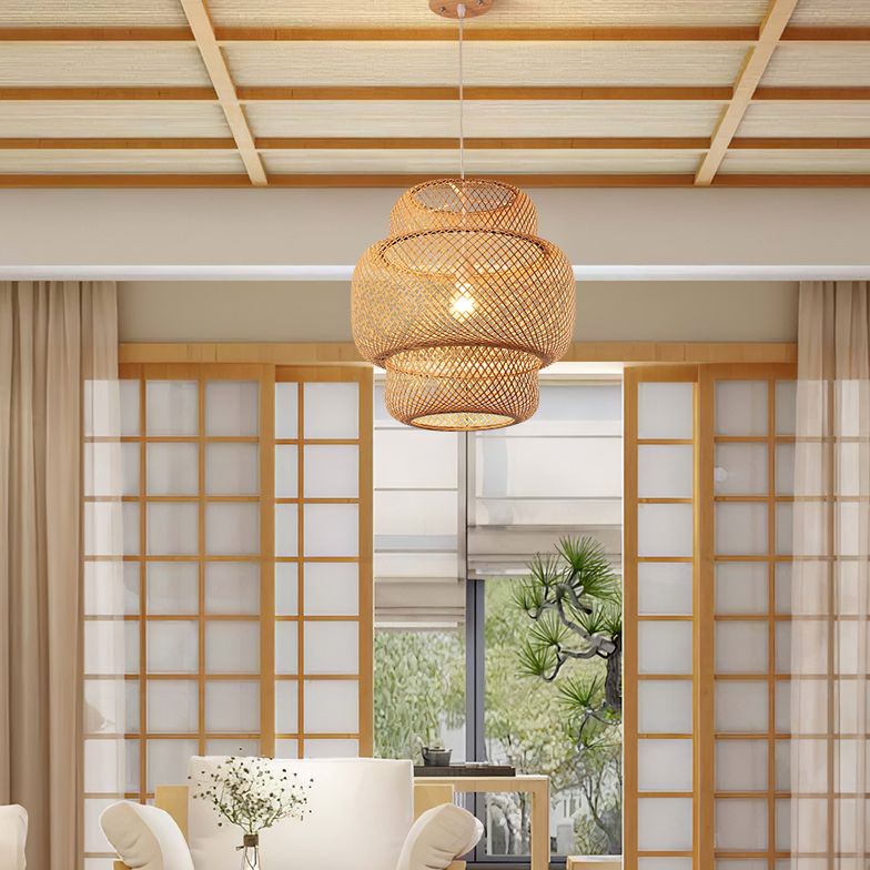 1 Light Tiered Pendant Lighting Japanese Rattan Pendant Lighting Fixtures for Restaurant