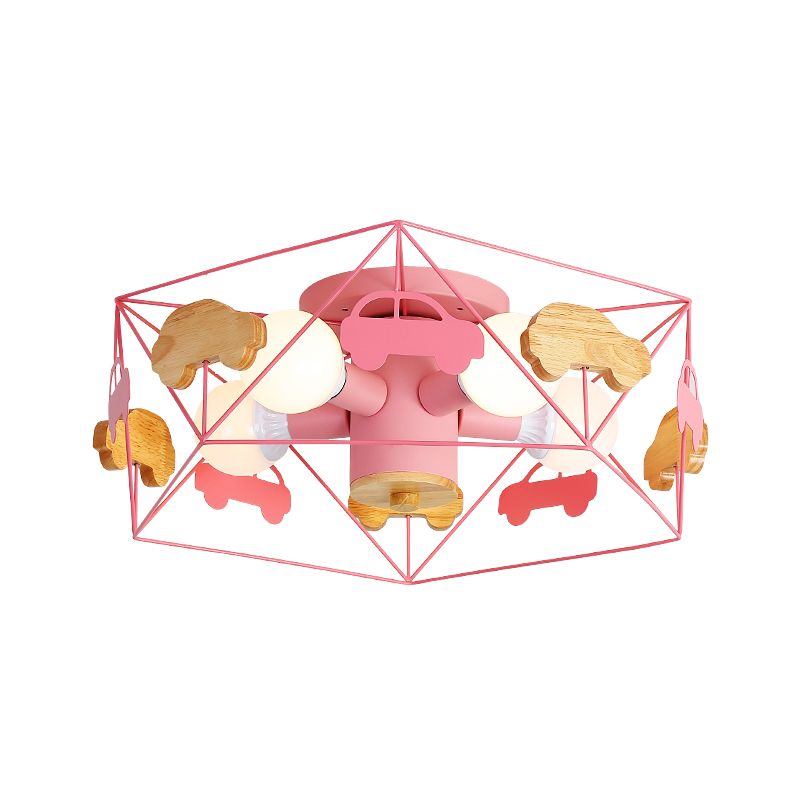 Pentagon frame semi -montage verlichting macaron metaal 5 bollen grijs/groen/roze afwerking dicht bij plafondlamp met houten auto -deco