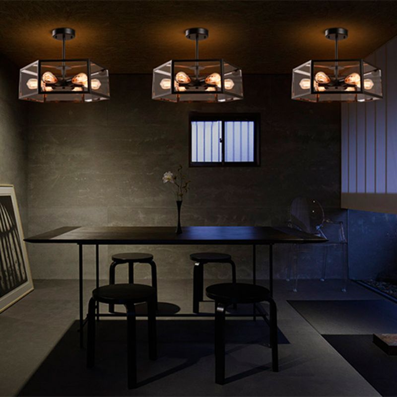 Hexagonal Glass Chandelier Light Fixture Industrial 6 Bulbs Suspension Light in Black