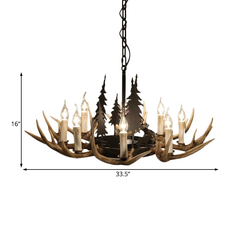 8-Bulb Resin Chandelier Lighting Rustic Light Brown Deer Antler Indoor Suspension Light with Pine Tree Accent