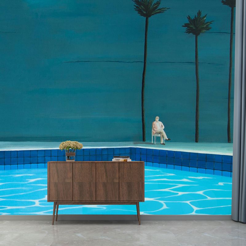 Custom Size Illustration Artistic Mural with Sit by the Pool Side Painting in Blue