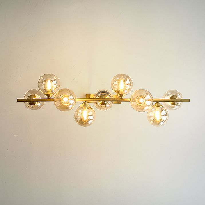 Mid-Century Modern Gold Metal Island Pendant Lighting Spherical Amber Glass Island Ceiling Light for Dining Table