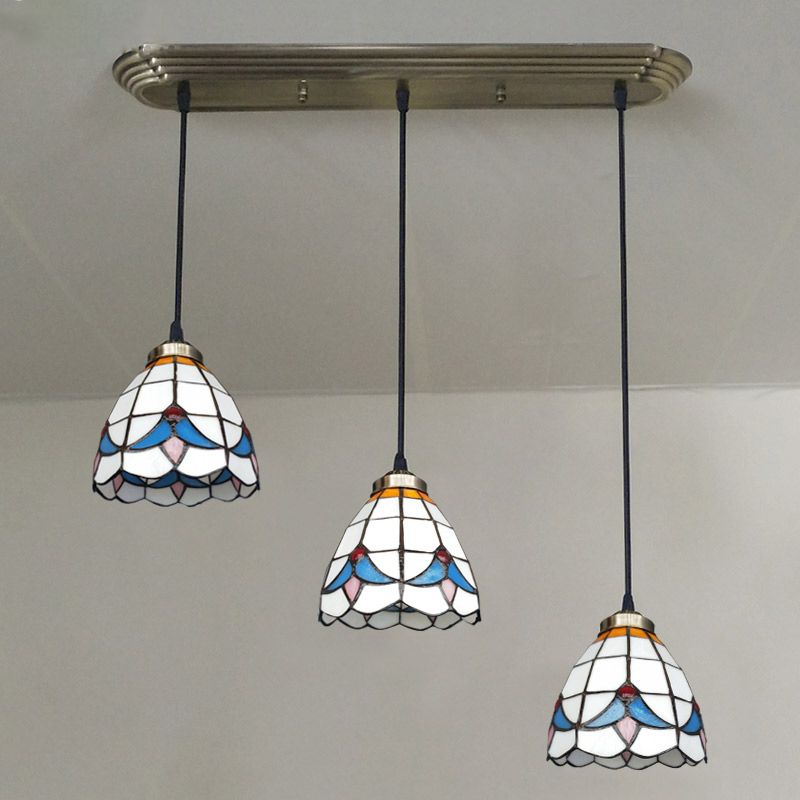 Gebrandschilderd glazen gearceerd hangend licht traditionele 3 koppen bronzen multi -light hanger