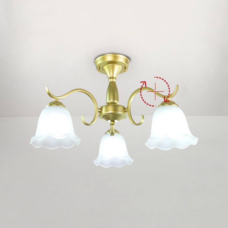 Gold Semi Flush Lamp Traditional Multi-Head Bedroom Ceiling Lighting with Glass Shade