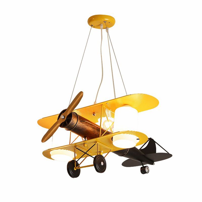 Aircraft Chandelier Pendant Cartoon Metallic Jaune LED Plafond Light avec cylindre Grossed Glass Shade