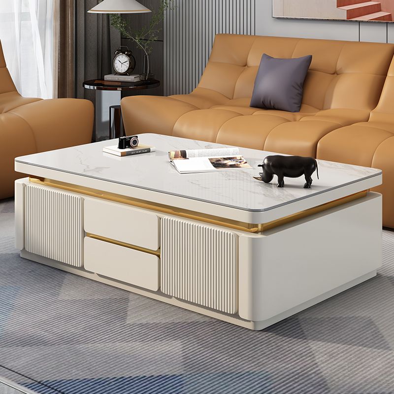 Wooden Block Cocktail Table with Drawers Glam Slate Top 4-Door Coffee Table