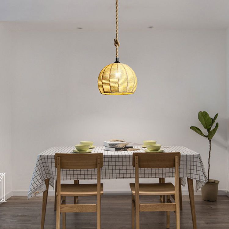 Spherical Shade Rattan Hanging Light 1-Light Asian Style Pendulum Light in Beige