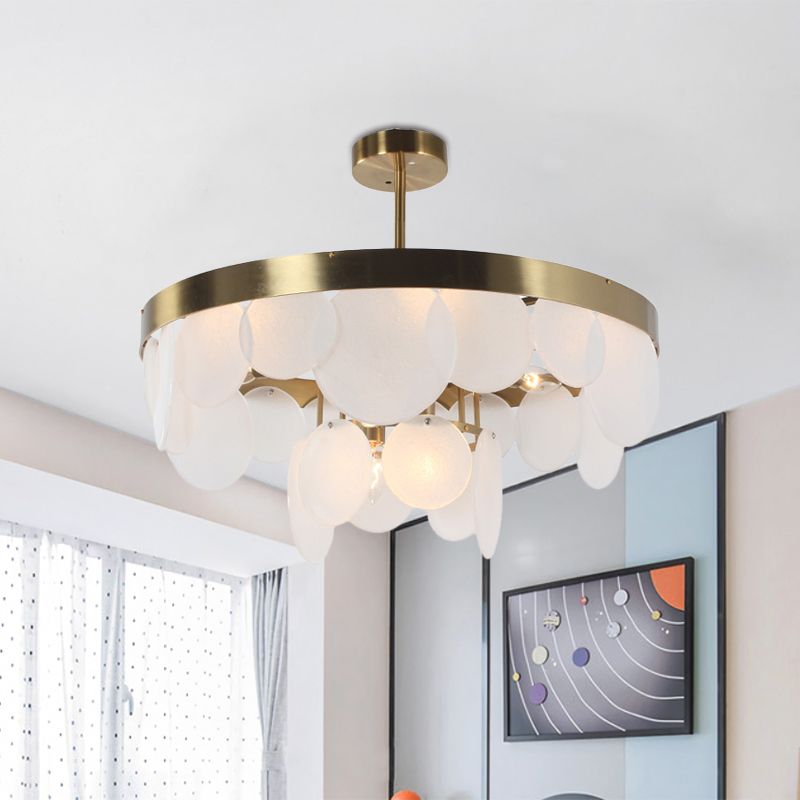 Post-Modern Circle Panel Semi Flushmount White Glass 6 Bulbs Bedroom Ceiling Flush Mount in Brass with Ring Design
