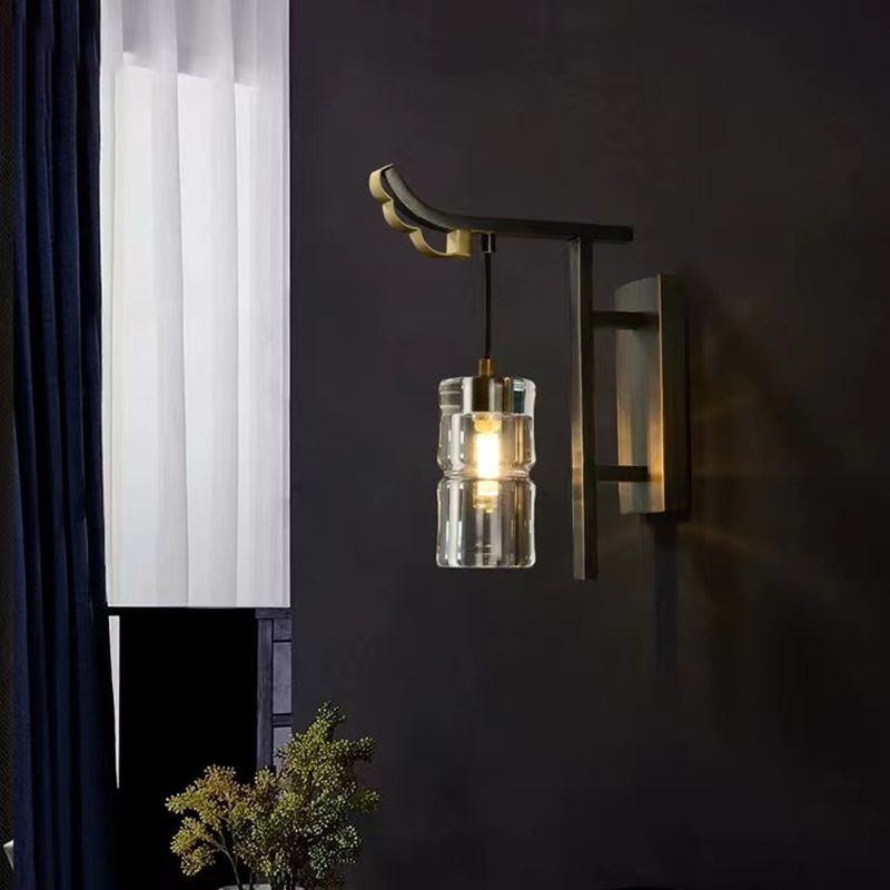 Modern Metal Wall Sconce Cylinder Shape Wall Light with Crystal Shade for Bedroom