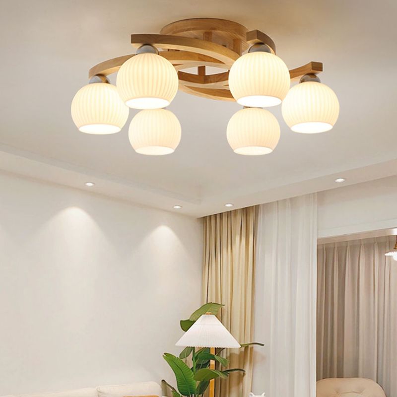 Modern Style Ceiling Mount Light Wooden Spherical with Glass Shade for Bedroom