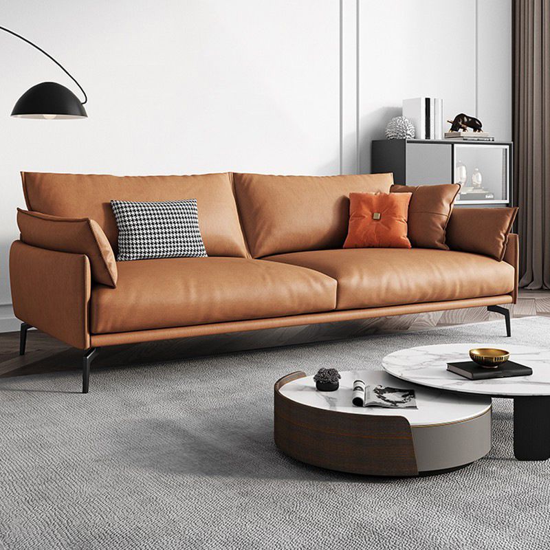 Leather Brown Settee Sofa Standard Square Arm Loveseat with Pillows