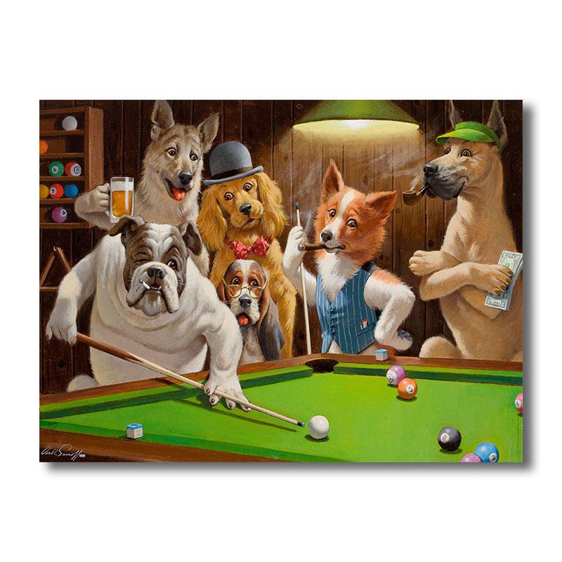 Textured Brown Wall Decor Modernist Dogs Playing Billiard Canvas Print for Study Room