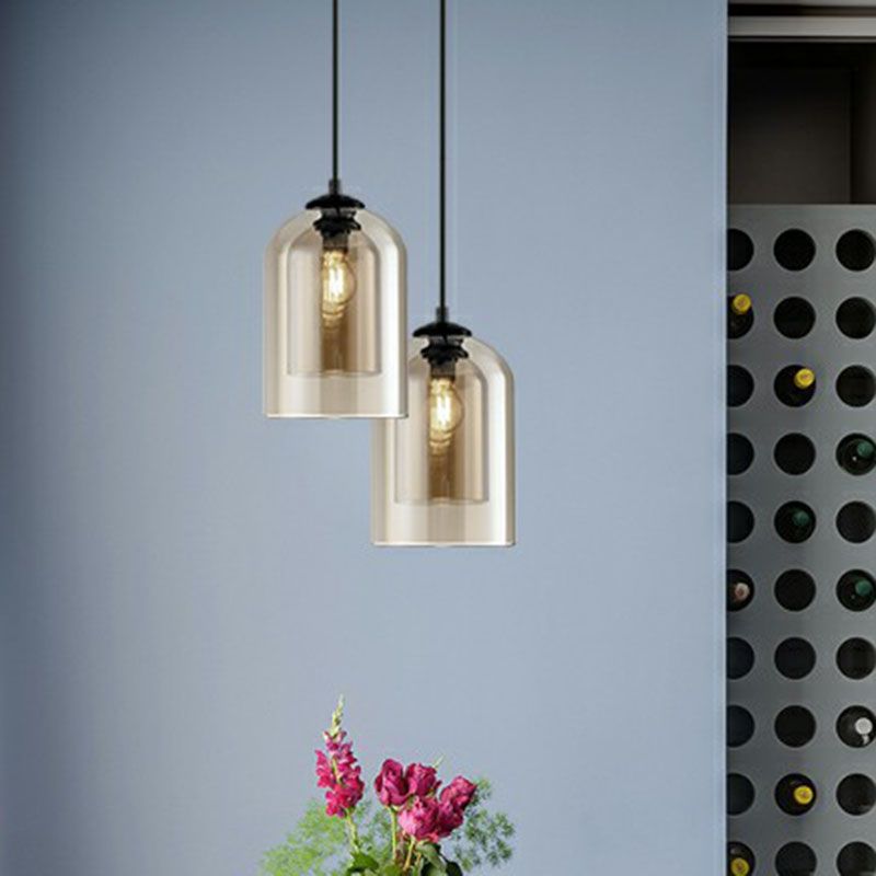 Inverted Cup Dining Room Pendant Light Dual-Glass 1-Light Postmodern Ceiling Hang Lamp