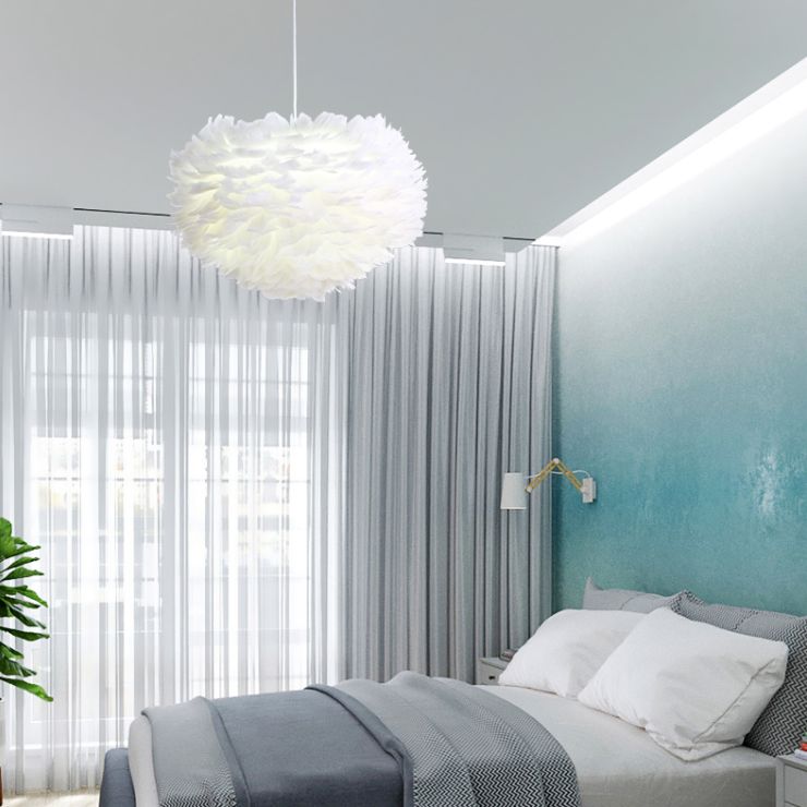 White Drum Pendant Light in Modern Creative Style Wrought Iron Chandelier with Feather Shade