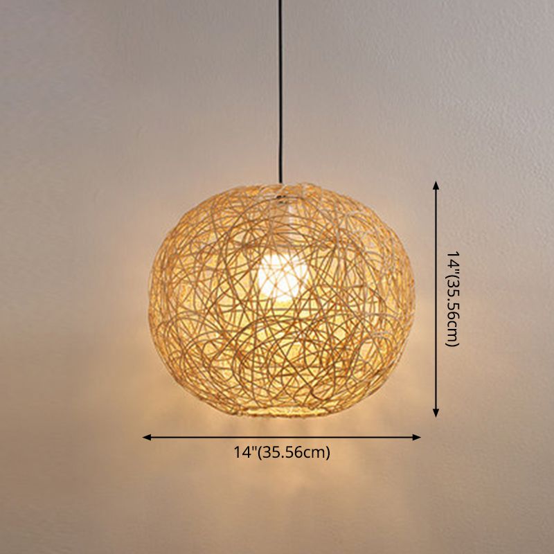 Restaurant Pendant Light Kit Asia Style Beige Hanging Ceiling Light with Globe Rattan Shade