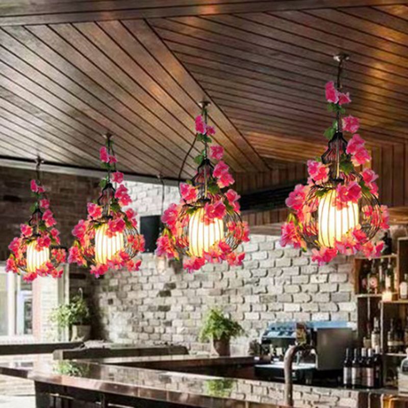 Art-Deco künstliche Blumenanhänger Leuchte Leuchte Ein-Bulb-Metallhängellicht mit Käfig