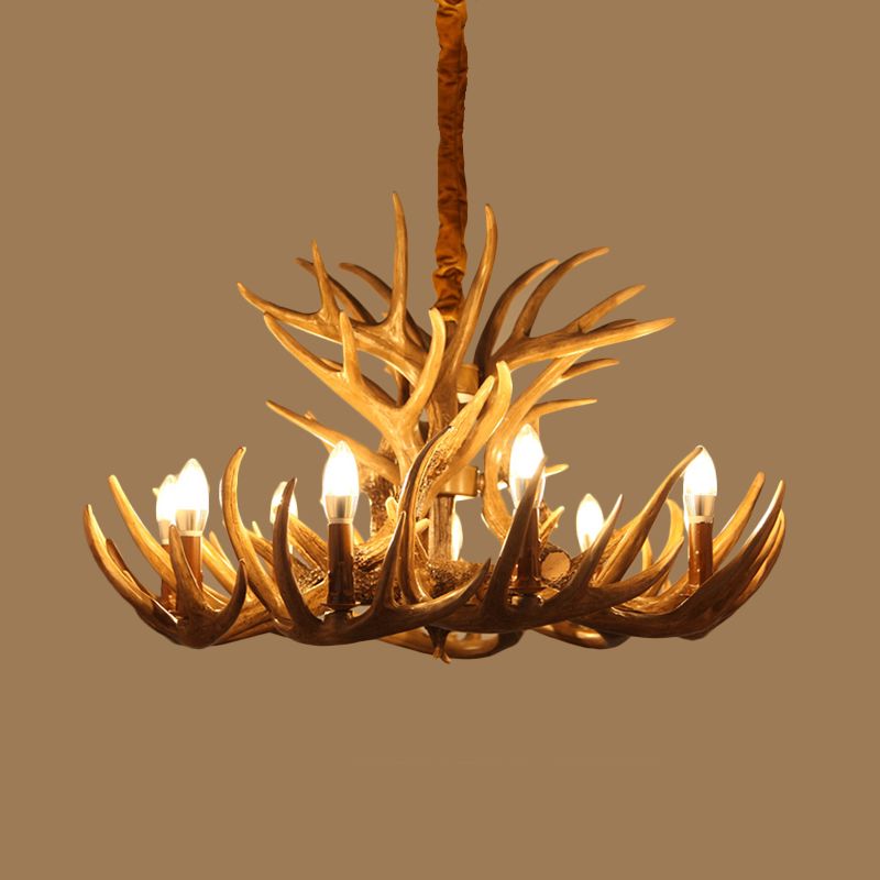 LAMPE DE CHANDELIER DE LA RUSTIC DEER 21,5 "/25.5" /27,5 "De large 9/12 têtes Plafond de résine Plafond suspendu en marron pour le salon