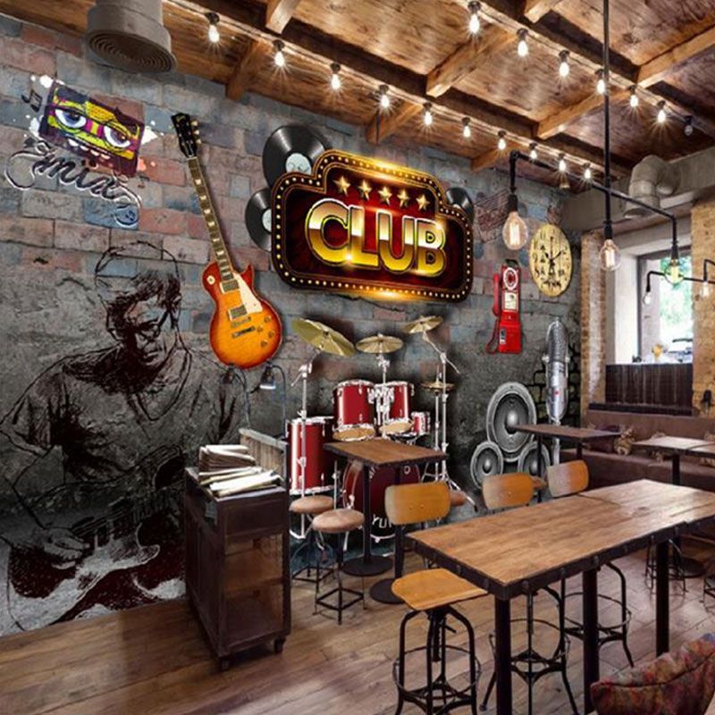 Retro 3D Guitar Mural Wallpaper for Coffee Shop and Bar, Grey and Brown, Made to Measure