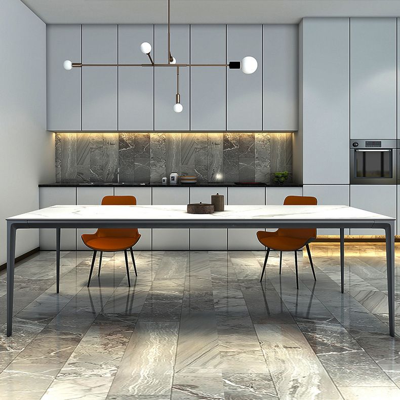 Metal Contemporary Rectangular Table High Gloss White Sintered Stone Dining Table with 4 Legs