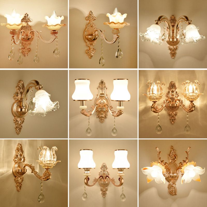 Gold Wall Mount Light Retro Glass Floral Shade Wall Lighting with Hanging Crystal