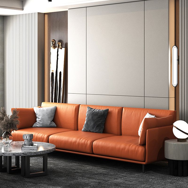 Faux Leather Orange Sofa Pillow Top Arm Sofa with Metal Legs