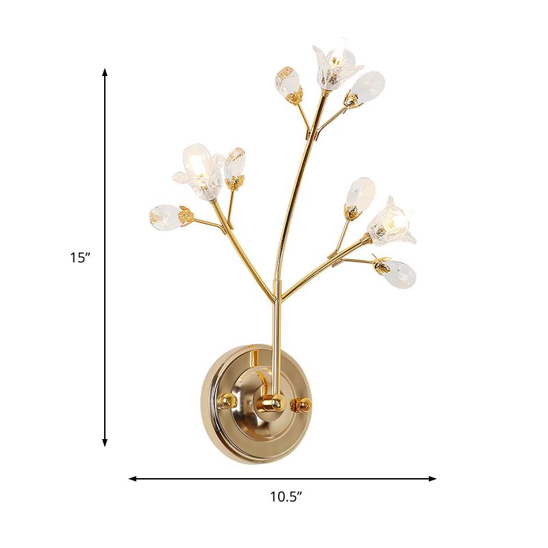 Crystal Flower and Leaf Wall Light Fixture Simple Style 3 Lights Gold Wall Sconce Light