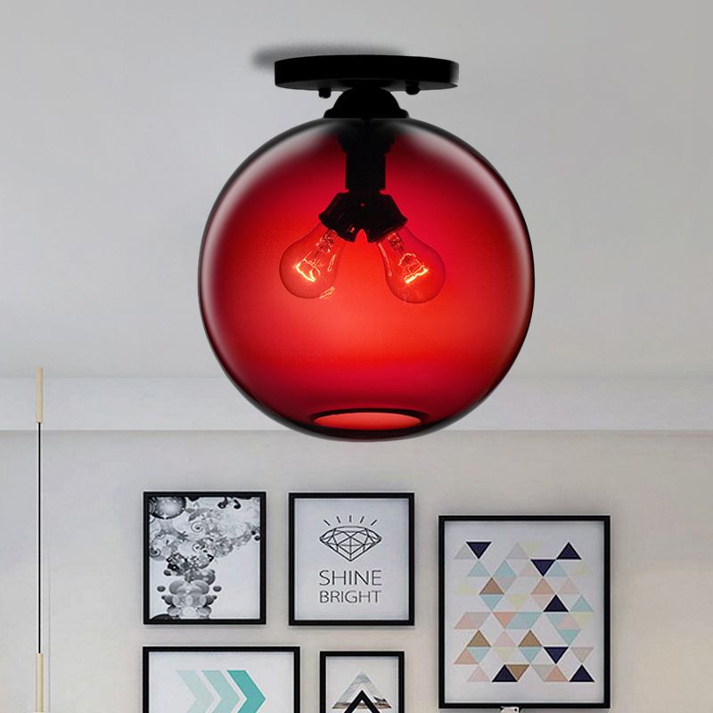 Globe Shade Semi Flush Dining Room Red/Brown/Blue Glass Industrial Style 1/2 Light Black Ceiling Lighting